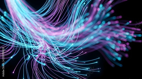 Glowing fiber optic cables stream dynamic neon blue and purple light waves across a deep black void in futuristic style
