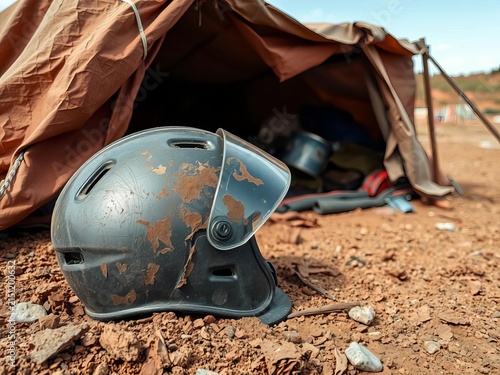 A worn-out helmet lies on a pile of dirt next to a makeshift tent, morning mist, ||military gear