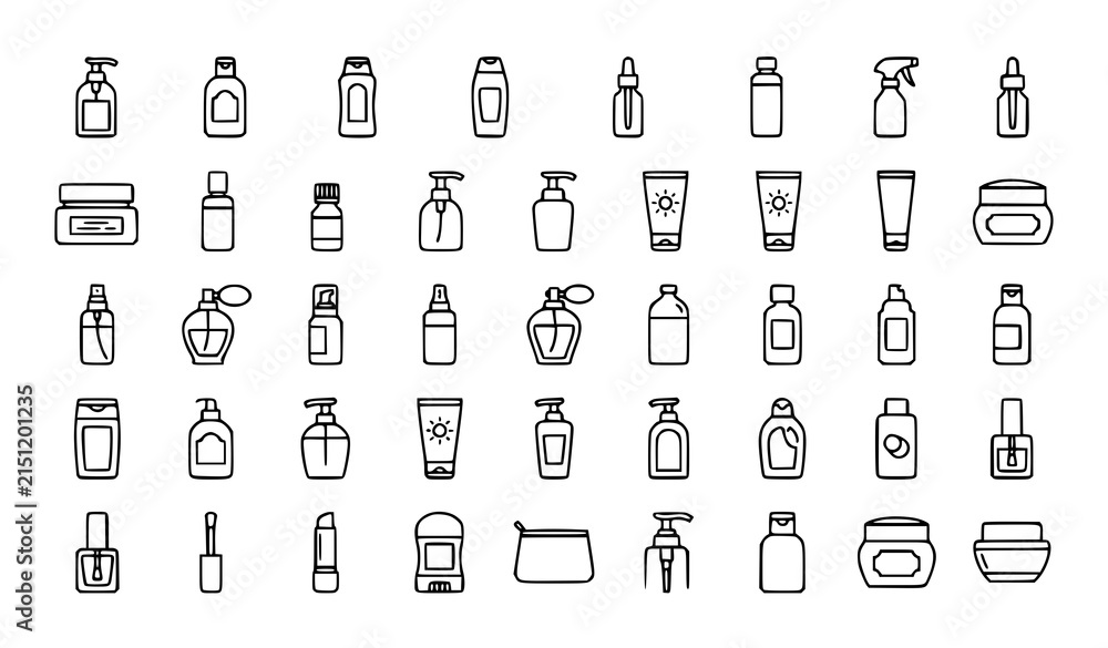 Fototapeta premium Set of hand drawn cosmetic bottle and beauty product icons for skincare and makeup branding design