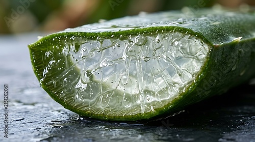 Close-up of a freshly cut aloe vera leaf revealing its translucent, healing gel, emphasizing its natural benefits for skin care, health, and wellness