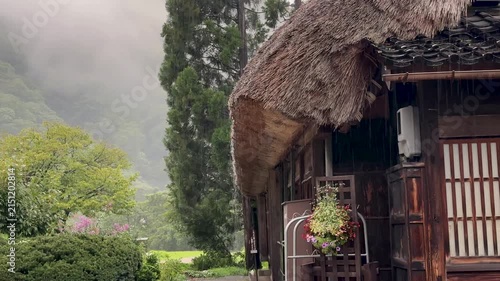 Rain Falling on Traditional Japanese House in Shirakawa-go, Japan