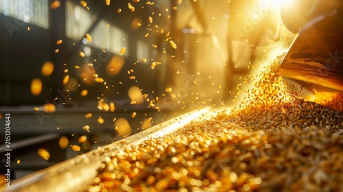 Golden grains tumble down a conveyor belt