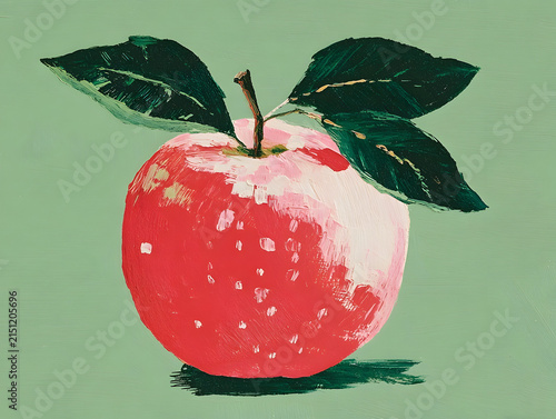 Red apple illustration with green leaves, hand-painted texture, representing healthy eating, fresh produce, organic food, and natural simplicity on a light green background