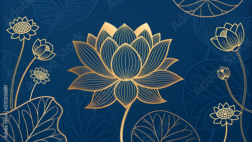 Decorative golden lotus flower wallpaper on deep blue background
