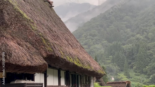 Rain Falling on Gassho-zukuri House Roof in Shirakawa-go, Japan