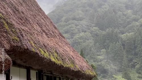 Rain Falling on Traditional Gassho-zukuri Roof in Shirakawa-go, Japan
