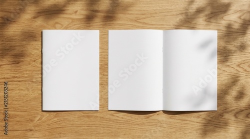 Top View Mockup of Closed and Open Blank White Magazines or Brochures on a Wooden Table with Natural Shadows, Ideal for Advertising, Branding, and Design Presentations