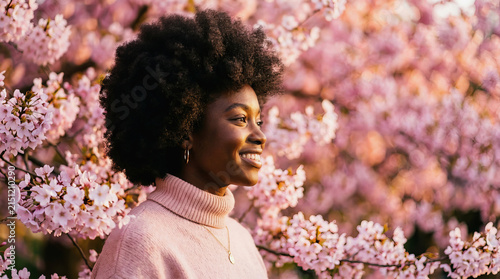 Happy Black woman with afro hairstyle smiling while standing in a field of blooming pink cherry blossom trees on a sunny day.