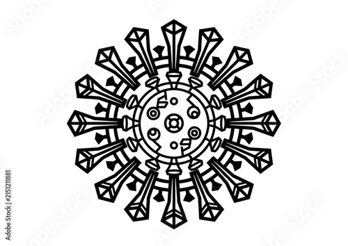 Stylized black and white line art illustration of a coronavirus cell structure.