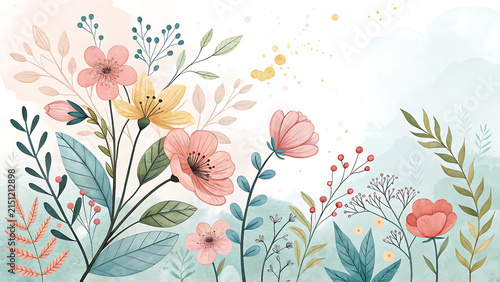 Whimsical watercolor floral meadow with pastel wildflowers