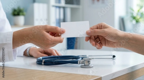 Doctor hands white empty business card to a patient on a medical desk with a stethoscope in a clinic setting.