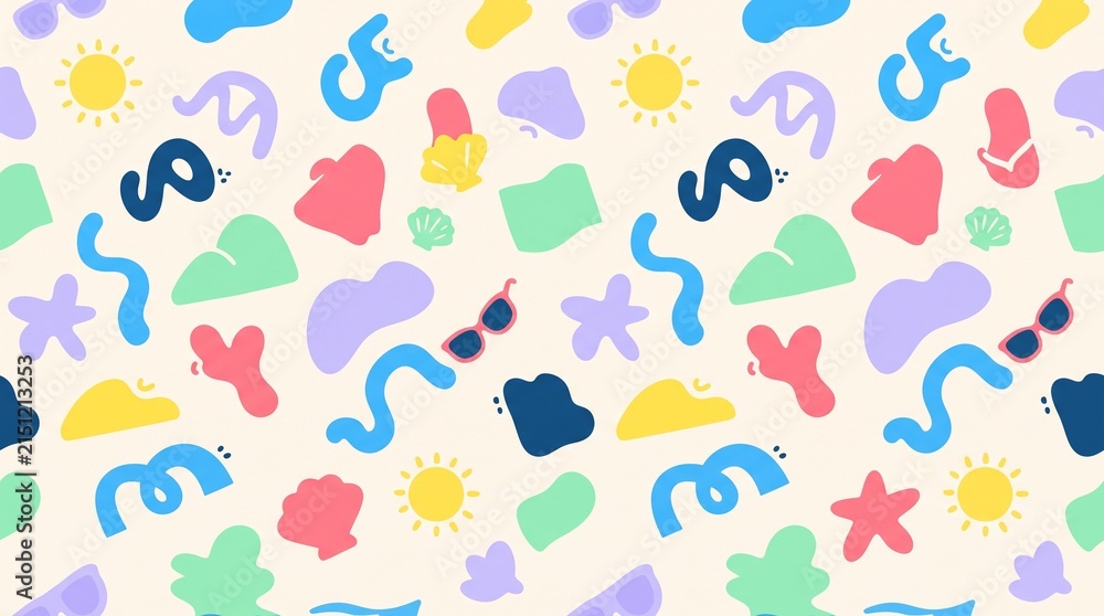 Seamless pattern with colorful summer elements and abstract shapes on a light background.