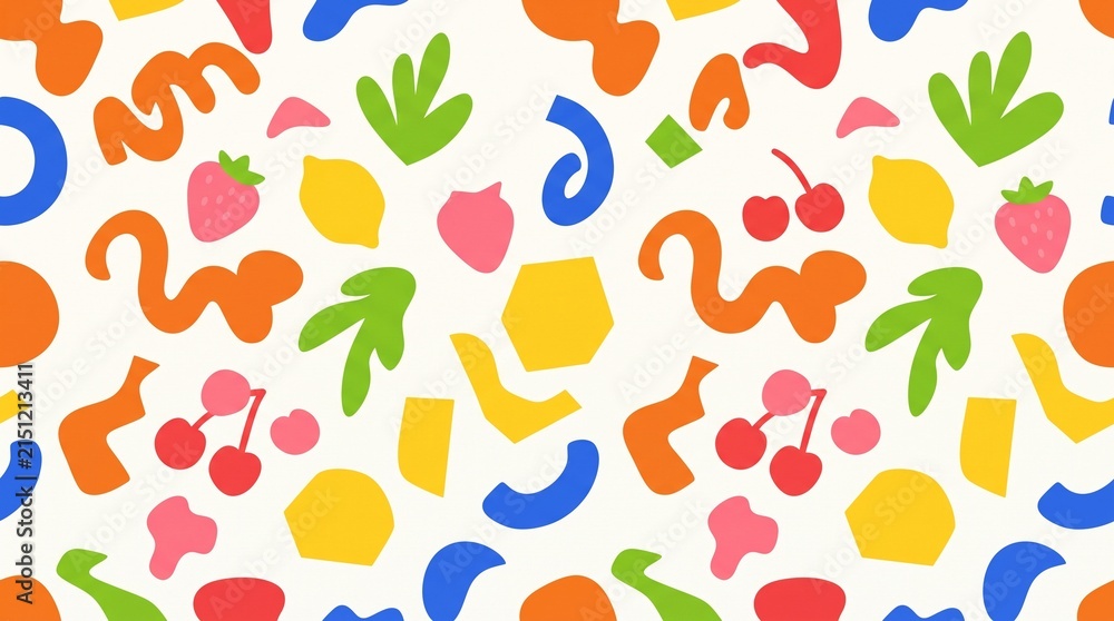Seamless pattern with colorful abstract shapes fruits and leaves on a white background.