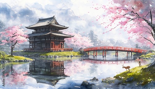 Serene Japanese Temple Amidst Blooming Cherry Blossoms