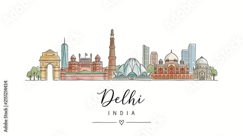 Stylized Line Drawing of Delhi's Iconic Skyline Showcasing Diverse Architectural Landmarks and Cultural Heritage