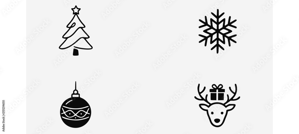 Naklejka premium Christmas linear icons set isolated on white background. Black line vector symbols of Christmas tree, snowflake, ornament, and reindeer with gift box. 