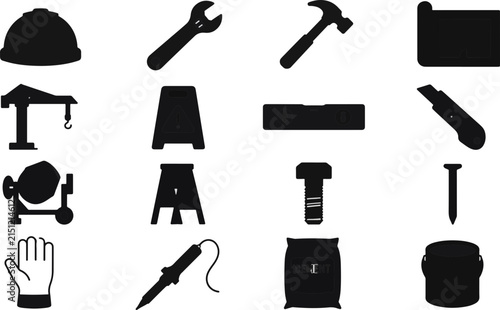 Collection of construction and repair tools and safety equipment in silhouette.