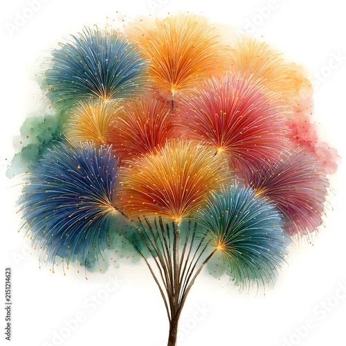 Colorful watercolor abstract fireworks bursting into a vibrant display, forming a festive celebration of light, joy, and effervescent energy against a clean white background