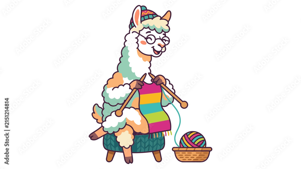 Naklejka premium Cute cartoon llama wearing knitted hat sitting and knitting colorful garment on chair with yarn basket vector
