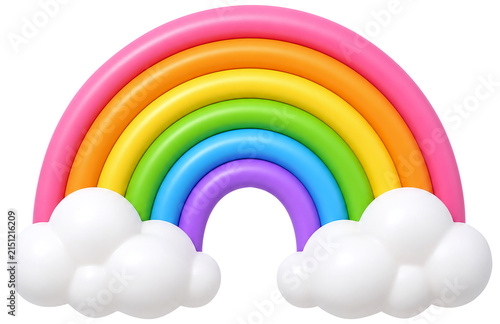 A cute 3D rainbow with fluffy clouds
