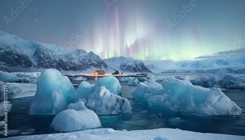 Northern Lights Shining Over Glacial Ice Lagoon