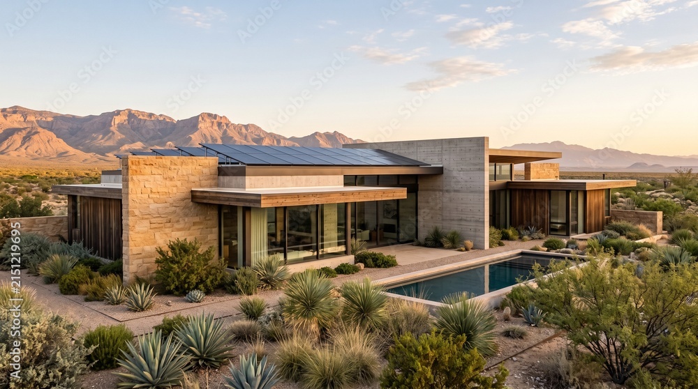 Fototapeta premium Modern desert home with solar panels set against mountains during golden hour
