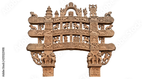 Фотография Ancient Indian stone gateway with intricate carvings of animals and figures