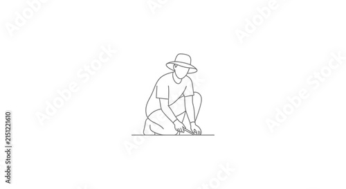 Gardener kneeling and planting with a trowel line art illustration