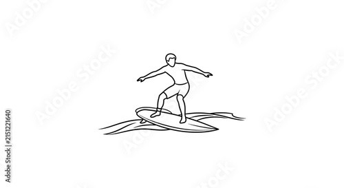 Line drawing depicts a surfer riding a wave on a white background