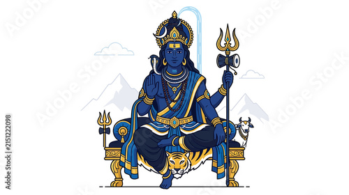 Foto Deity with Blue Skin, Sitting on Throne, Holding Trident