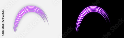 Purple glowing light arc lines, concentric neon rainbow curve set, abstract magic energy rings effect, isolated on transparent background, layered halo PNG overlay