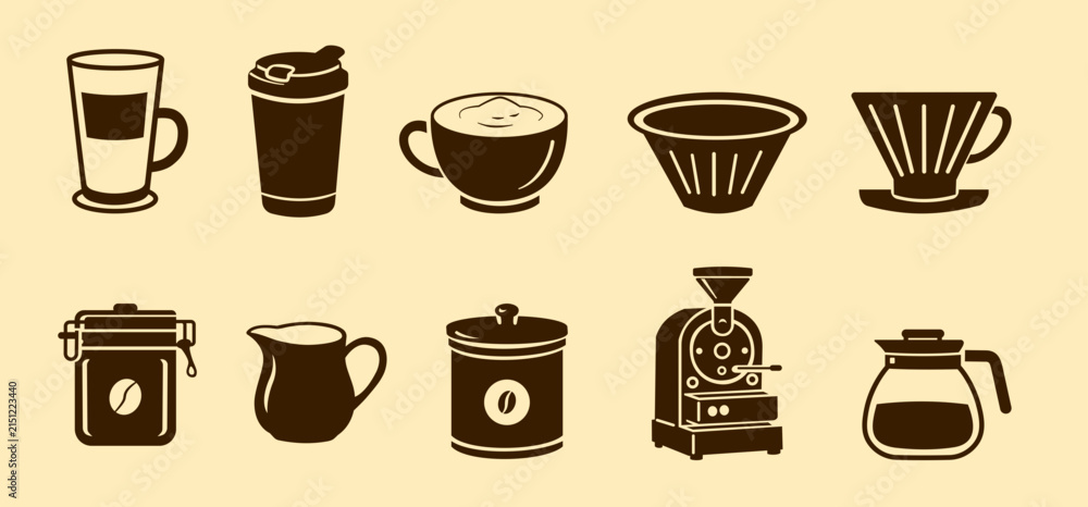 Fototapeta premium Coffee Cups Brewing Tools and Cafe Icon Collection