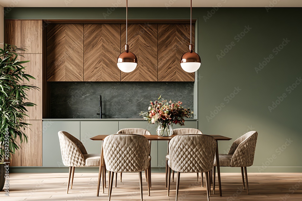 Obraz premium Modern dining room interior with wooden chevron cabinets, sage green walls, copper pendant lights, and quilted chairs around a wooden table