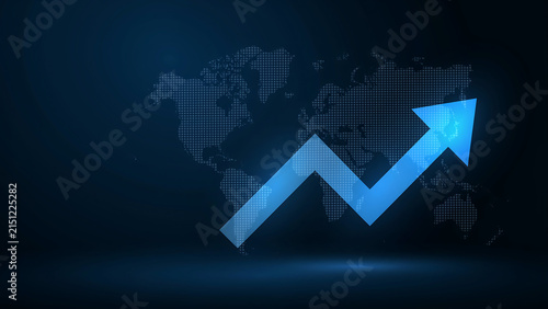Blue growing financial arrow chart on global digital world map background