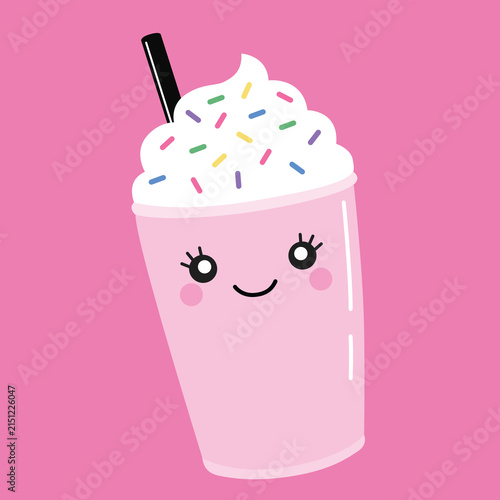 Cute pink milkshake illustration with whipped cream, colorful sprinkles, straw, and a cheerful kawaii face. Isolated on a pink background, perfect for dessert, food, beverage, and sweet-themed designs