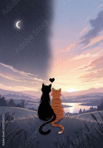 月と夕焼け、二匹の猫が静かに見つめる絵