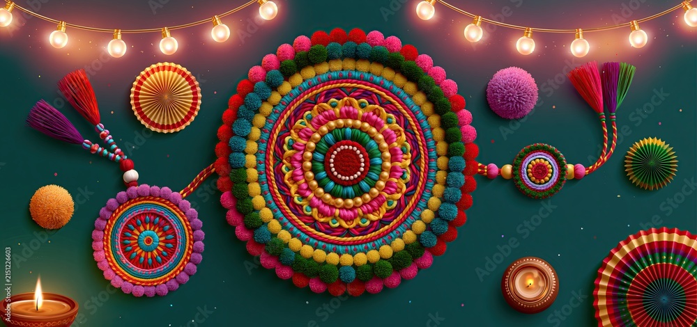Obraz premium Vibrant Rakhi design with intricate patterns and warm tones, perfect for celebrating Raksha Bandhan festivities.