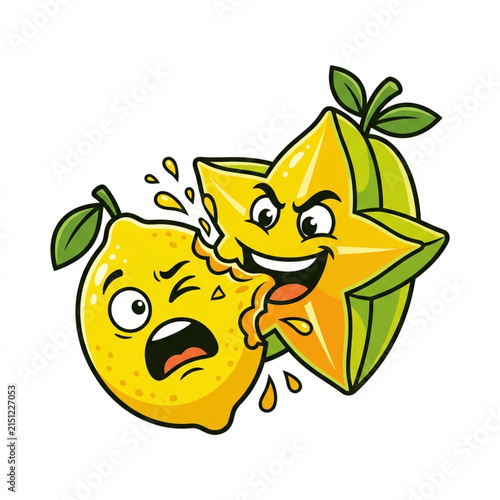 Cartoon star fruit biting a lemon. Funny fruit characters with expressive faces and emotions.