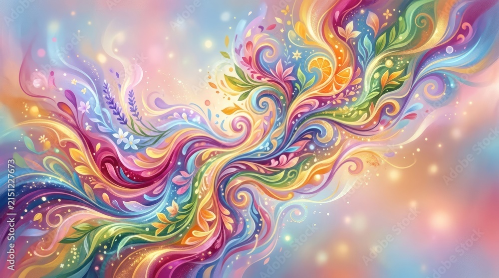 Obraz premium A vibrant, abstract painting with a rainbow-colored swirl pattern on a gradient background.