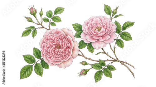 Two Pink Garden Roses On A Branch.