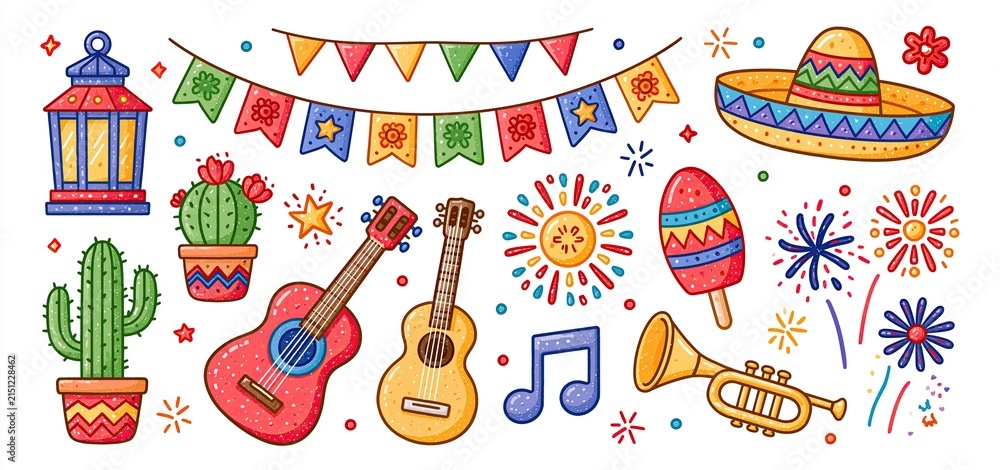 Obraz premium Festive June party icons featuring colorful lanterns, pennant banners, sombreros, desert plants, instruments, and fireworks.