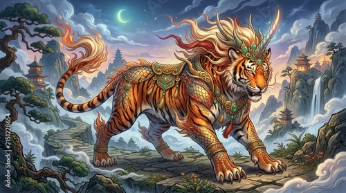 A majestic tiger with a unicorn horn and a moon in the background, standing on a rocky path with a waterfall and pagodas in the distance.