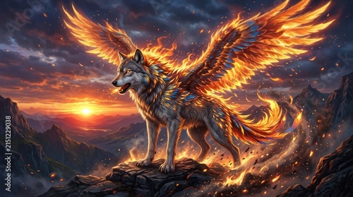 A majestic wolf with wings and fire on its body stands on a rocky outcrop at sunset, with mountains in the background.