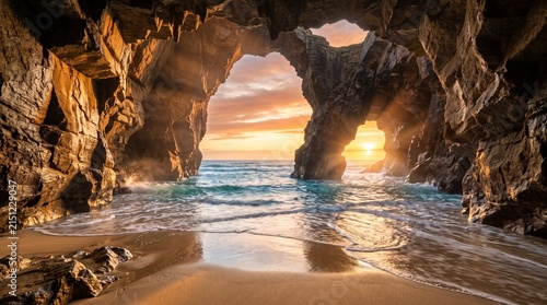 Scenic View of Ocean Waves framed by Natural Stone Sea Arch at Sunset