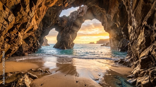Golden Sunset Light Shining Through Natural Rock Arch Frame on Ocean Beach
