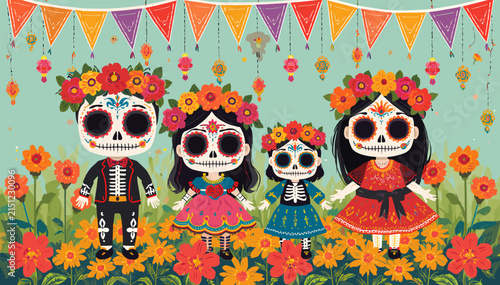 Картината върху платно A vibrant illustration of a family of sugar skulls celebrating Dia de los Muertos amidst a field of marigolds and festive decorations