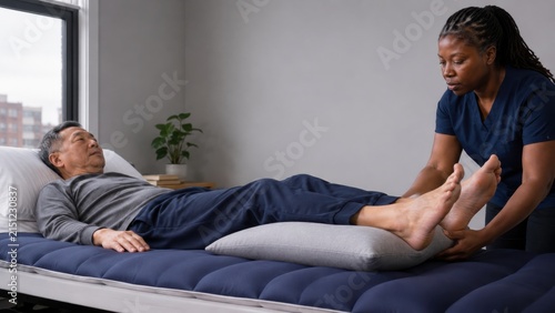 Home health aide offloading heels of senior man with a pillow