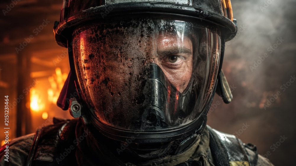 Fototapeta premium Intense firefighter portrait with soot and condensation on visor