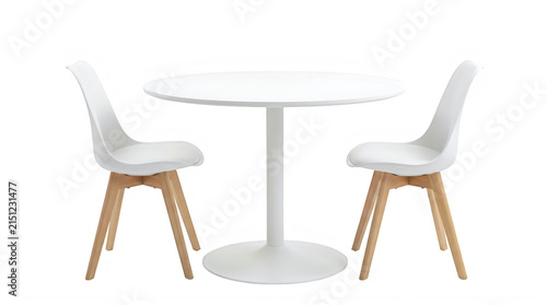 Modern white round dining table with two matching chairs isolated on transparent background