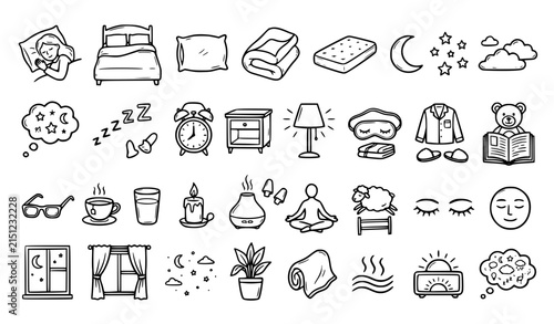 Bedtime and Dream Hand Drawn Doodle Icons Collection with Sleeping and Night Symbols